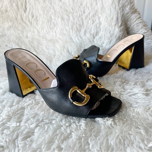 Gucci Baby Horsebit Slide Sandals Mules Black and Gold Block Heel Size EU 39 - Picture 3 of 14